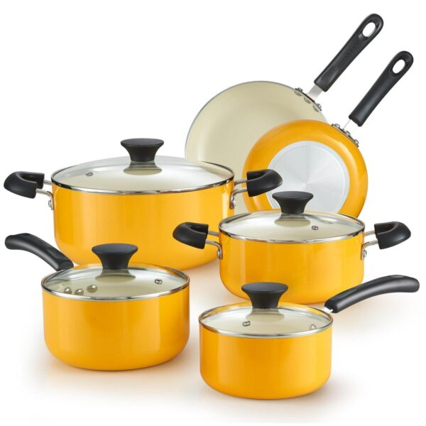 Cook N Home Nonstick Pots and Pans, 10-Piece Ceramic Kitchen Cookware Sets, Cooking with Saucepans, Frying Pans, Dutch Oven Pot with Lids, Yellow