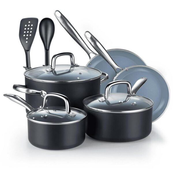 Cook N Home Pots and Pans Nonstick Ceramic Kitchen Cookware Sets Include Saucepan, Frying Pans, Stockpot with Lids, Nylon Utensils, 10-Piece, Heavy Gauge, Black and Gray