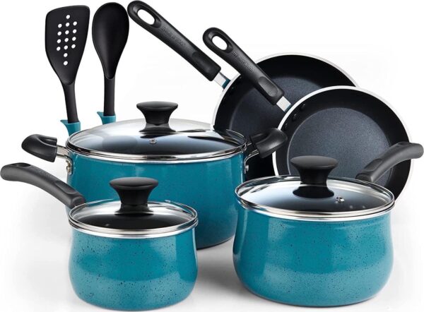 Cook N Home Pots and Pans Nonstick Cookware Set 10-Piece, Belly Shape Kitchen Cooking Set with Frying Pans and Saucepans, Induction Compatible, Turquoise