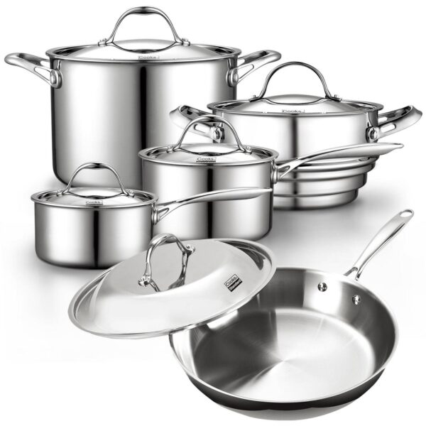 Cooks Standard Stainless Steel Kitchen Cookware Sets 10-Piece, Multi-Ply Full Clad Pots and Pans Cooking Set with Fry Pan, Dishwasher Safe, Oven Safe 500A F