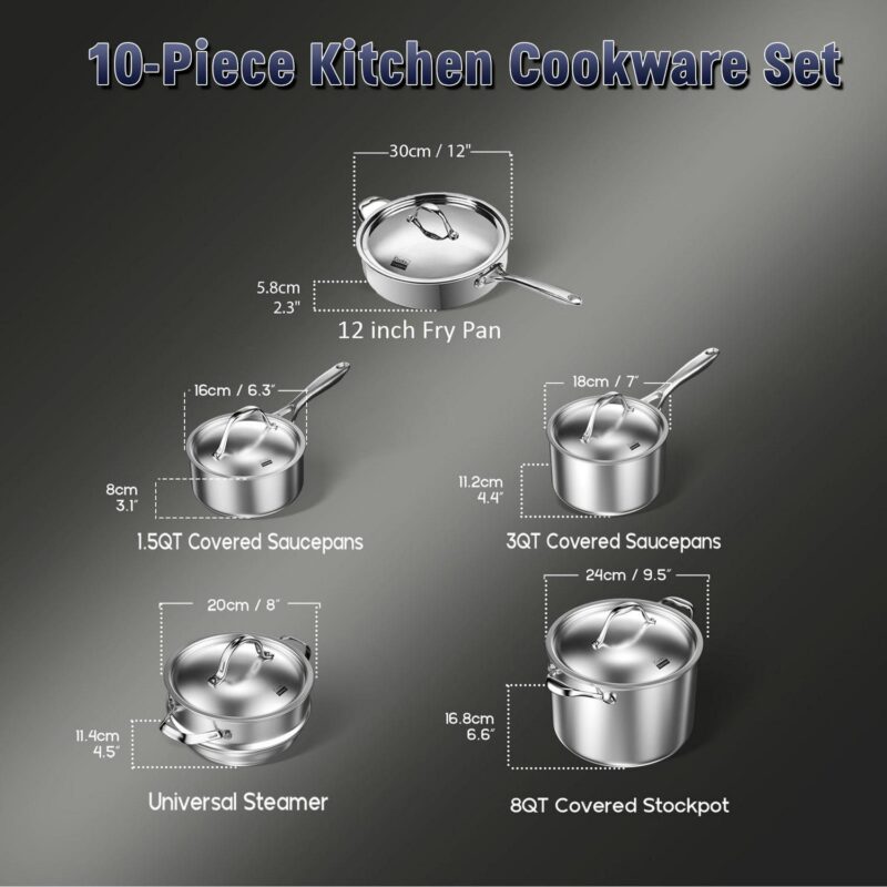 Cooks Standard Stainless Steel Kitchen Cookware Sets 10-Piece, Multi-Ply Full Clad Pots and Pans Cooking Set with Fry Pan, Dishwasher Safe, Oven Safe 500A F - Image 4