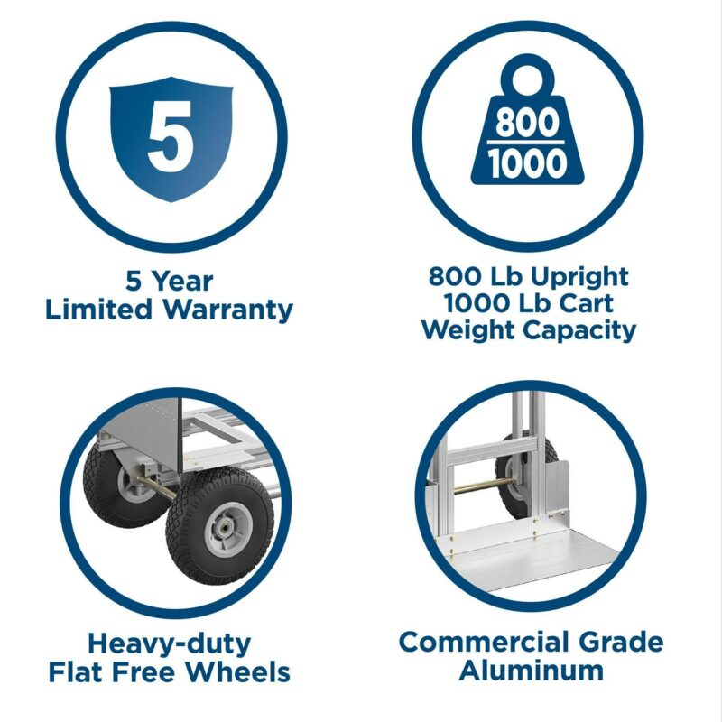 Cosco 3-in-1 Assist Series Aluminum Hand Truck/Assisted Hand Truck/Cart w/ flat free wheels, Silver - Image 5