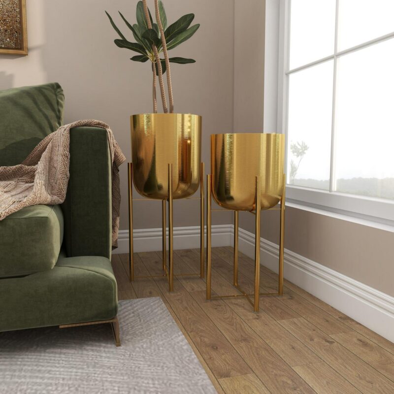 Cosmoliving by Cosmopolitan Glamorous and Elegant Indoor/Outdoor Gold Metal Round Dome Shaped Planter in Stands, Set of 2,19 , 22 H - Image 10