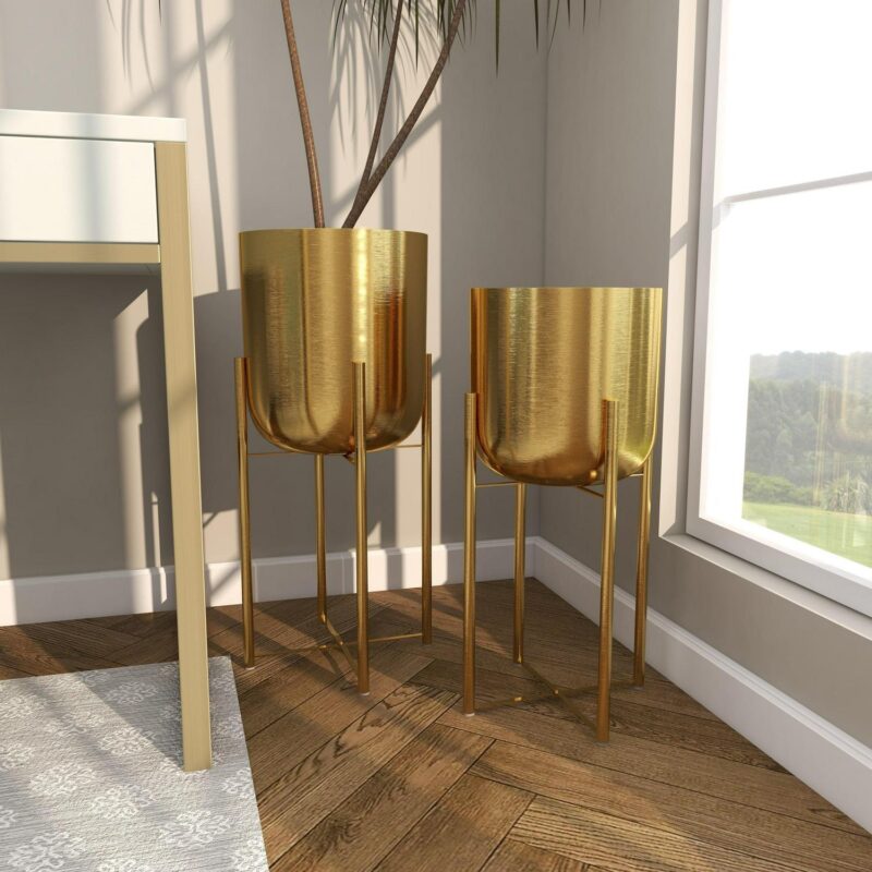 Cosmoliving by Cosmopolitan Glamorous and Elegant Indoor/Outdoor Gold Metal Round Dome Shaped Planter in Stands, Set of 2,19 , 22 H - Image 11