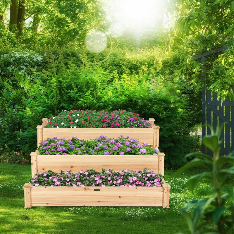 Costway 3 Tier Wooden Raised Vegetable Garden Bed Elevated Planter Kit Outdoor Gardening - Image 3