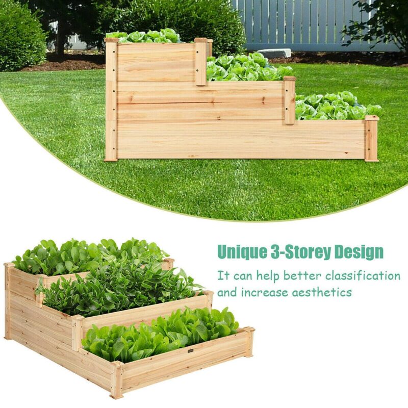 Costway 3 Tier Wooden Raised Vegetable Garden Bed Elevated Planter Kit Outdoor Gardening - Image 5