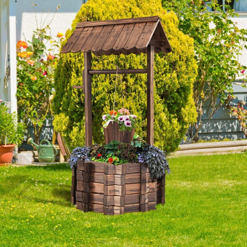 Costway Outdoor Wooden Wishing Well Bucket Flower Plants Planter Patio Garden Home Decor - Image 9