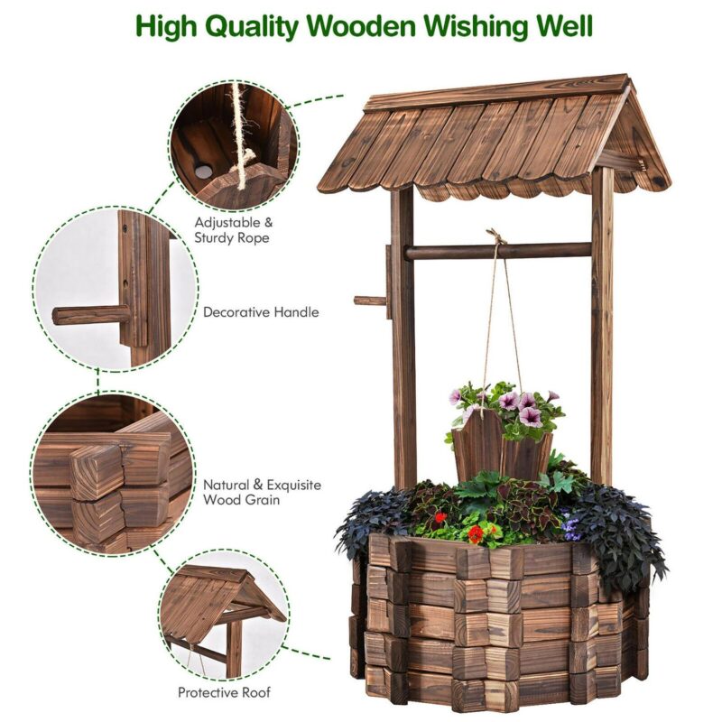 Costway Outdoor Wooden Wishing Well Bucket Flower Plants Planter Patio Garden Home Decor - Image 4