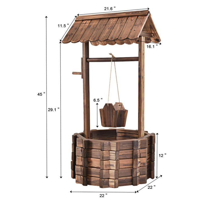 Costway Outdoor Wooden Wishing Well Bucket Flower Plants Planter Patio Garden Home Decor - Image 2