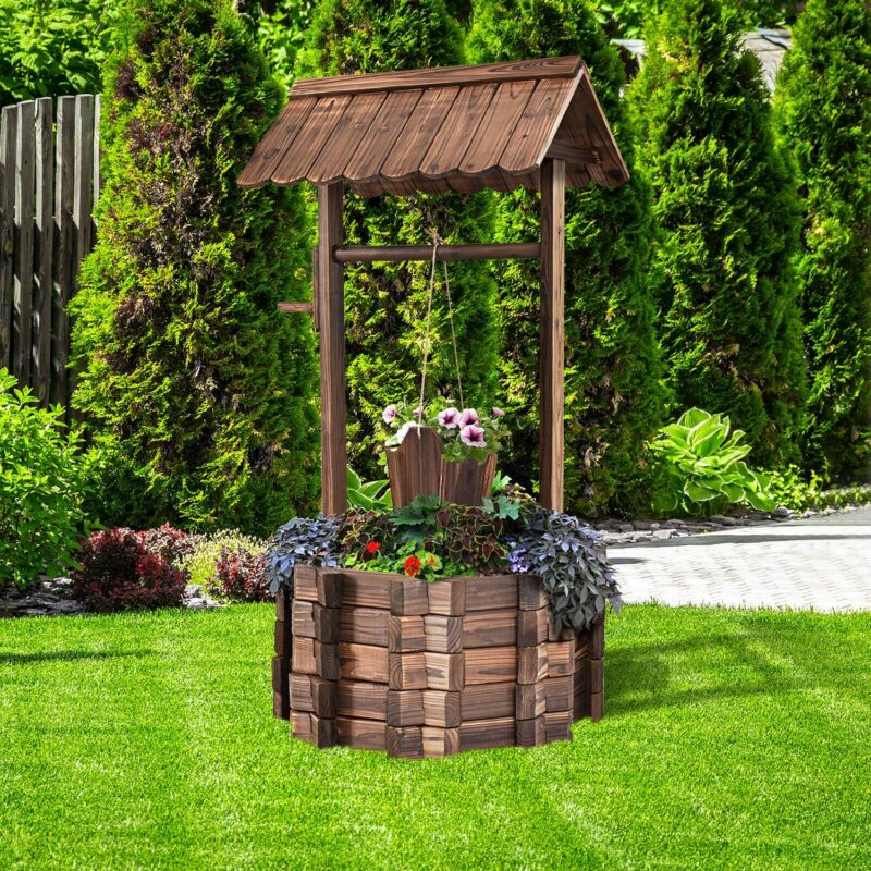 Costway Outdoor Wooden Wishing Well Bucket Flower Plants Planter Patio Garden Home Decor - Image 3