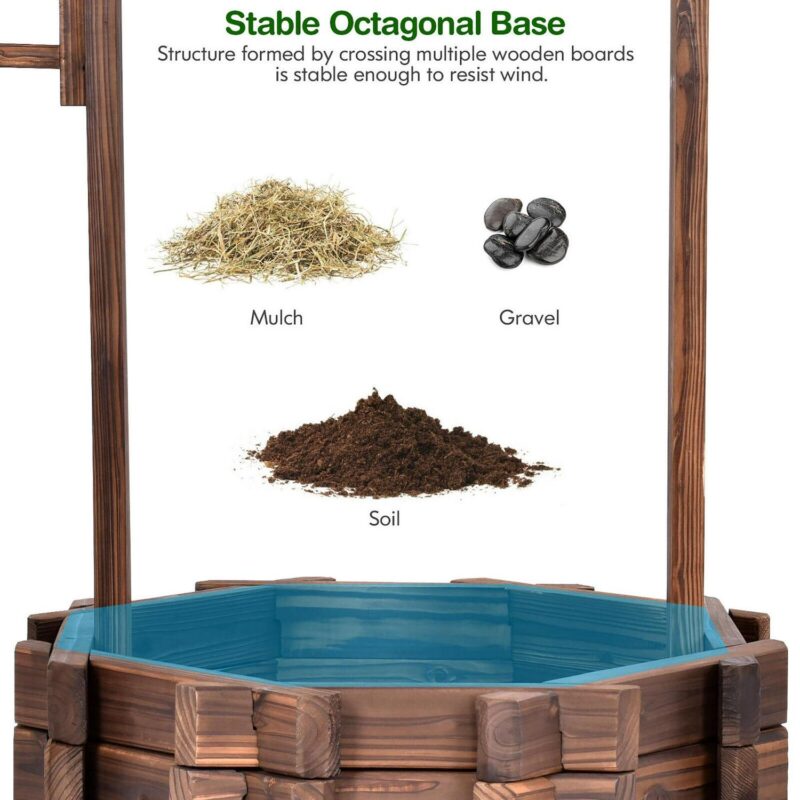 Costway Outdoor Wooden Wishing Well Bucket Flower Plants Planter Patio Garden Home Decor - Image 7