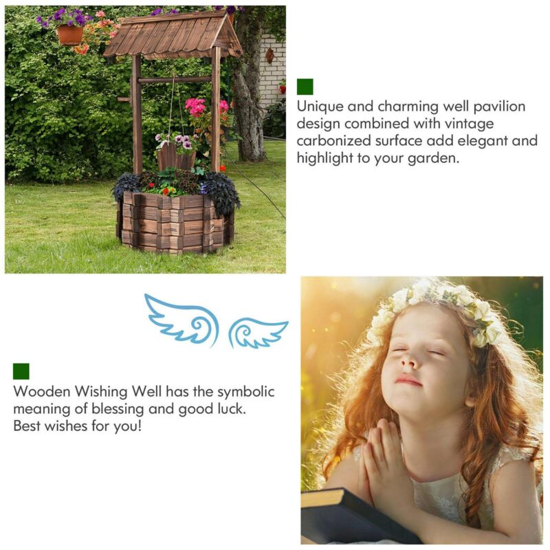 Costway Outdoor Wooden Wishing Well Bucket Flower Plants Planter Patio Garden Home Decor - Image 8