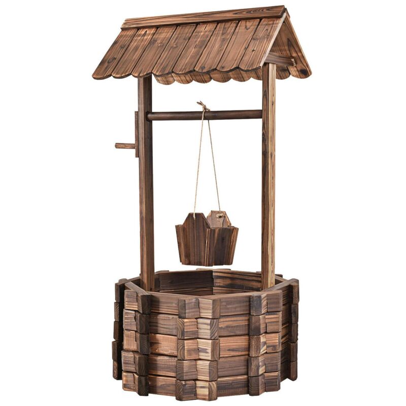Costway Outdoor Wooden Wishing Well Bucket Flower Plants Planter Patio Garden Home Decor - Image 10