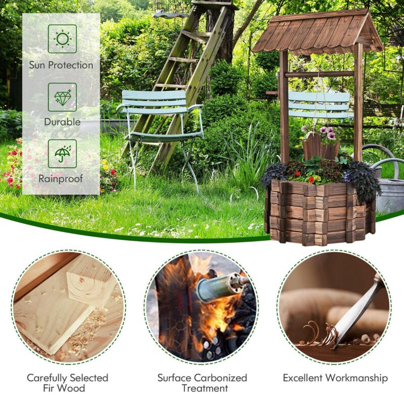 Costway Outdoor Wooden Wishing Well Bucket Flower Plants Planter Patio Garden Home Decor - Image 6