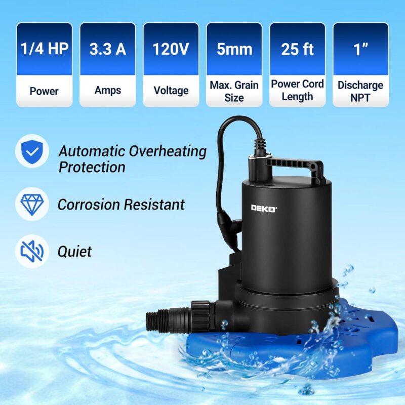 DEKO 1/4 HP 3000GPH Pond and Pool Pump Submersible Automatic Pool Cover Pump with Automatic On-Off Switch - Image 3