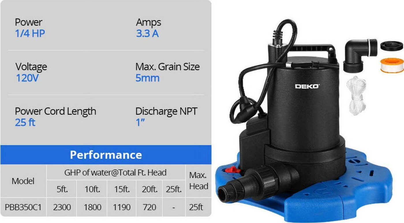 DEKO 1/4 HP 3000GPH Pond and Pool Pump Submersible Automatic Pool Cover Pump with Automatic On-Off Switch - Image 6