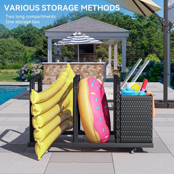 DWVO Outdoor Wicker Storage Box, One PE Rattan Deck Box and Two Long Holder Compartments, Patio Poolside Caddy with Rolling Wheels for Floaties, Noodles, Life Vests, Beach Balls, Toys (Black)