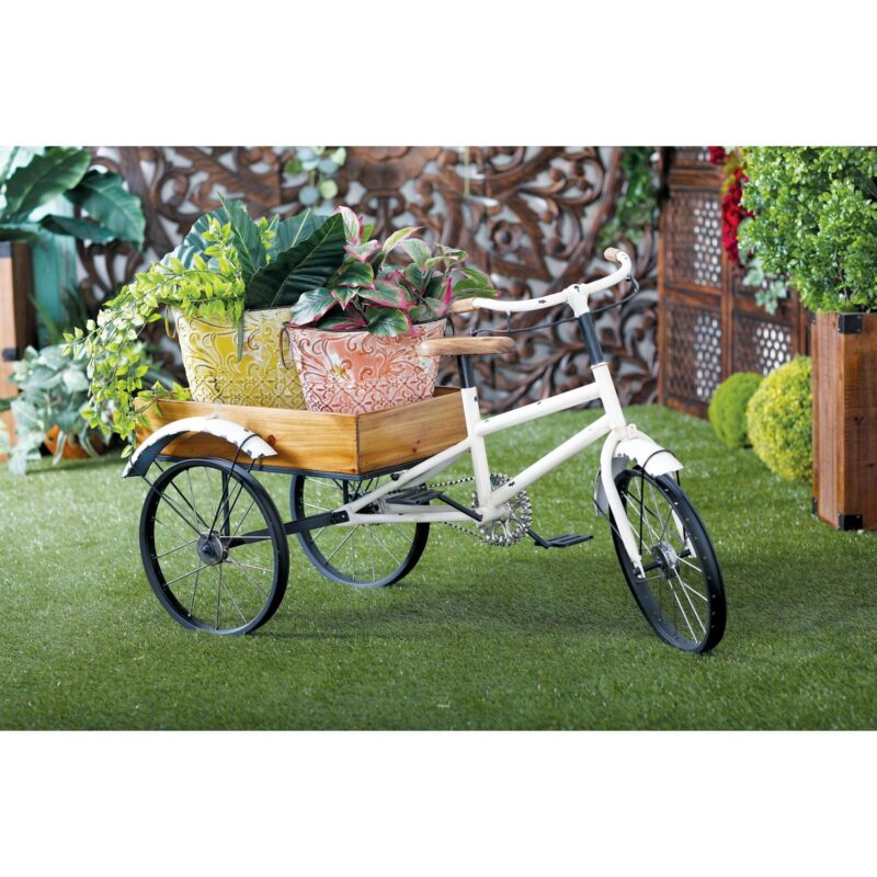 DecMode 48  x 24  x 24  White Metal Indoor Outdoor Bike Plantstand with Brown Wood Accents - Image 2