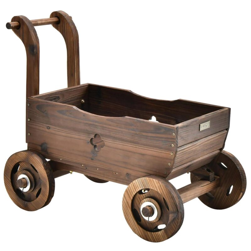 Decorative Wagon Cart Plant Flower Pot Stand Wooden Raised Garden Planter Box - Image 11