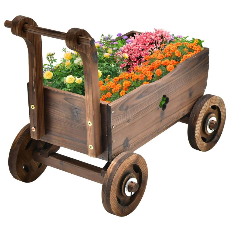 Decorative Wagon Cart Plant Flower Pot Stand Wooden Raised Garden Planter Box - Image 10