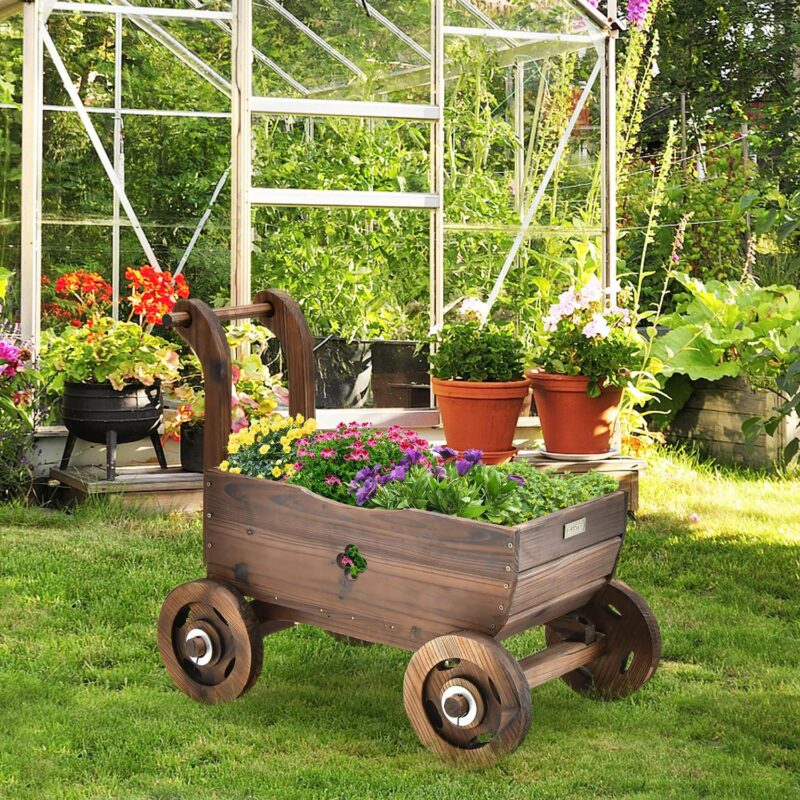 Decorative Wagon Cart Plant Flower Pot Stand Wooden Raised Garden Planter Box - Image 2