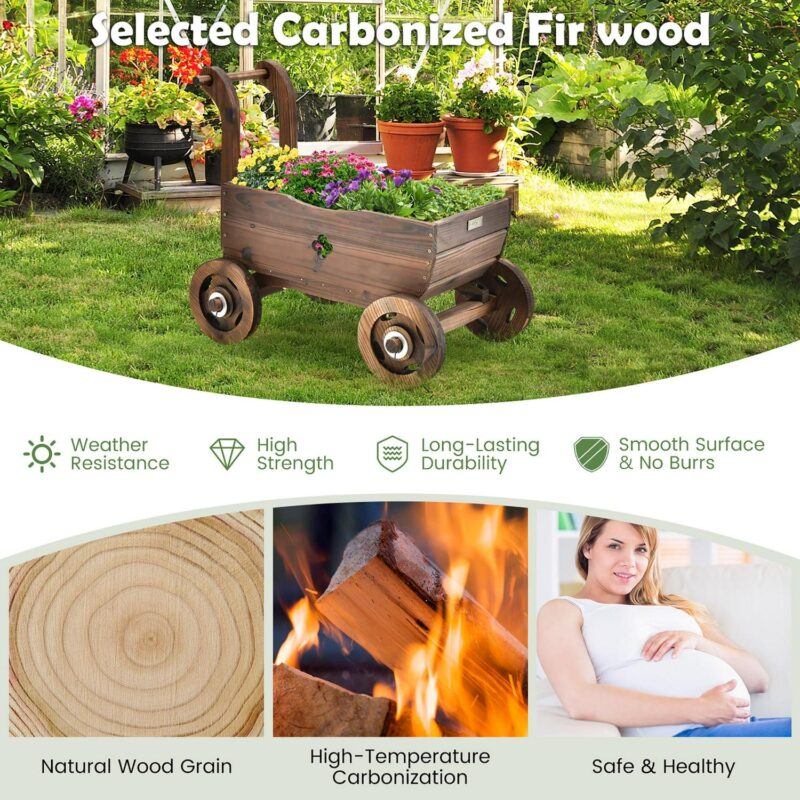 Decorative Wagon Cart Plant Flower Pot Stand Wooden Raised Garden Planter Box - Image 8