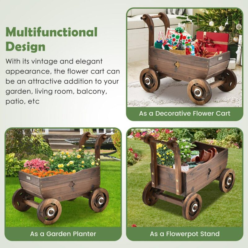 Decorative Wagon Cart Plant Flower Pot Stand Wooden Raised Garden Planter Box - Image 7