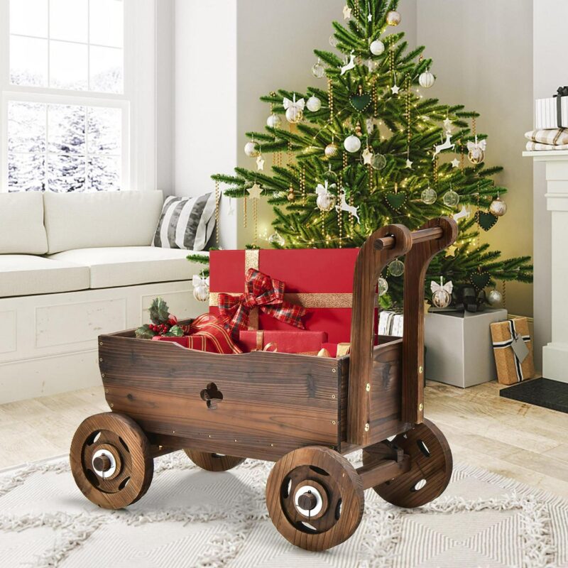 Decorative Wagon Cart Plant Flower Pot Stand Wooden Raised Garden Planter Box - Image 4