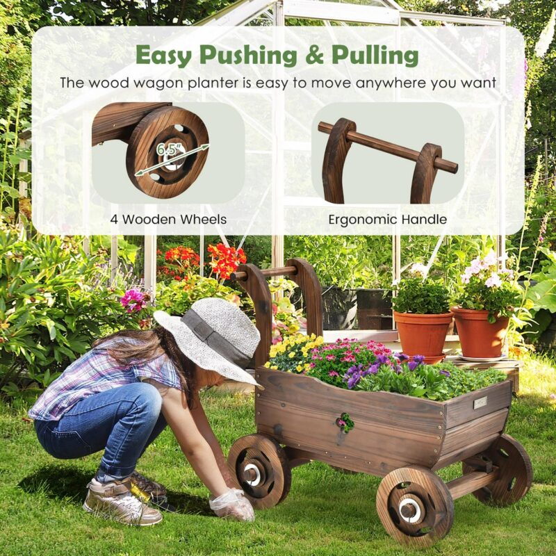 Decorative Wagon Cart Plant Flower Pot Stand Wooden Raised Garden Planter Box - Image 6