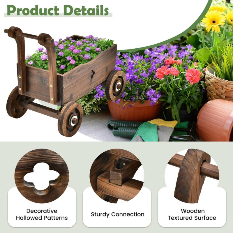 Decorative Wagon Cart Plant Flower Pot Stand Wooden Raised Garden Planter Box - Image 9