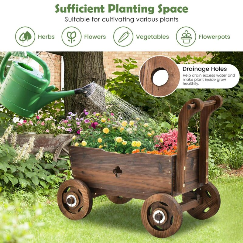 Decorative Wagon Cart Plant Flower Pot Stand Wooden Raised Garden Planter Box - Image 5