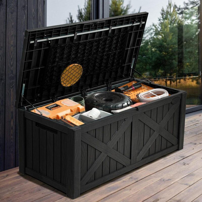 Dextrus 120 Gallon Large Deck Box w/Flexible Divider and Storage Net, Resin Outdoor Storage Boxes, Waterproof Cushion Storage Bench for Patio, Pool Supplies, Garden Tools - Lockable, Black