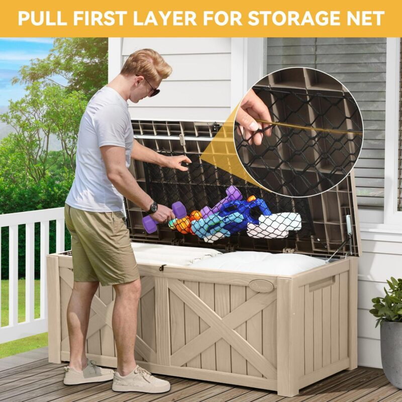 Dextrus 120 Gallon Large Patio Deck Box, Upgraded Resin Outdoor Storage Boxes w/Flexible Divider and Storage Net, Waterproof&Lockable, Light Brown - Image 5