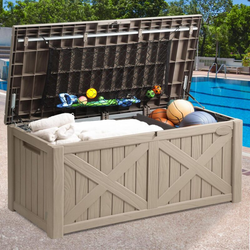 Dextrus 120 Gallon Large Patio Deck Box, Upgraded Resin Outdoor Storage Boxes w/Flexible Divider and Storage Net, Waterproof&Lockable, Light Brown