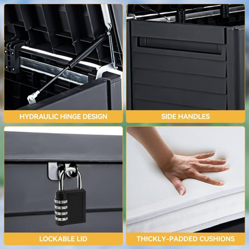 Dextrus 120 Gallon Large Outdoor Patio Deck Box with White Cushion ,Waterproof Louvered Resin Outdoor Storage Boxes,Lockable, Black - Image 4