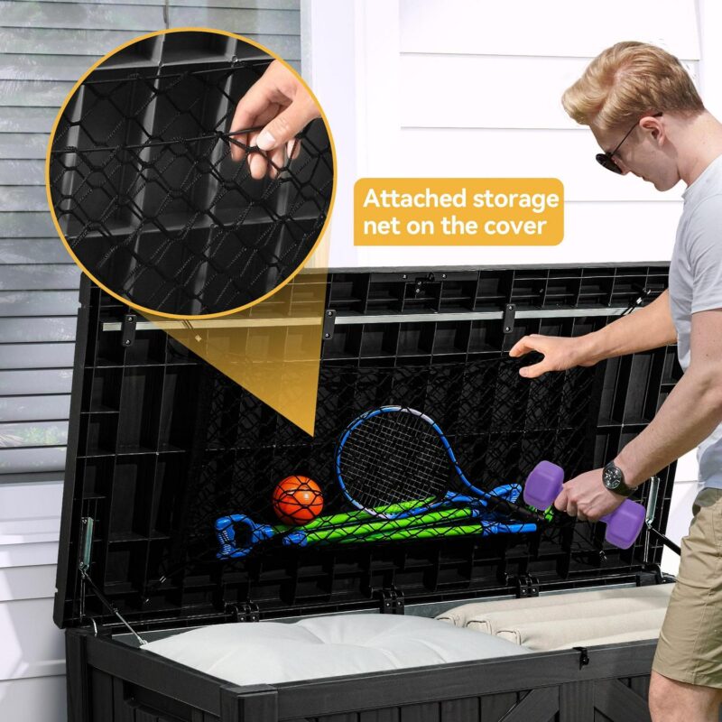 Dextrus 120 Gallon Large Deck Box w/Flexible Divider and Storage Net, Resin Outdoor Storage Boxes, Waterproof Cushion Storage Bench for Patio, Pool Supplies, Garden Tools - Lockable, Black - Image 5