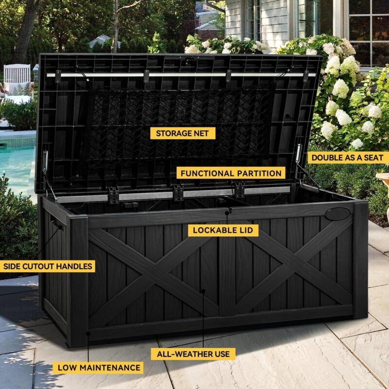 Dextrus 120 Gallon Large Deck Box w/Flexible Divider and Storage Net, Resin Outdoor Storage Boxes, Waterproof Cushion Storage Bench for Patio, Pool Supplies, Garden Tools - Lockable, Black - Image 4