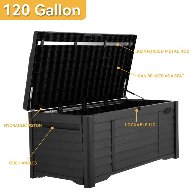 Dextrus 120 Gallon Large Outdoor Patio Deck Box with White Cushion ,Waterproof Louvered Resin Outdoor Storage Boxes,Lockable, Black - Image 3