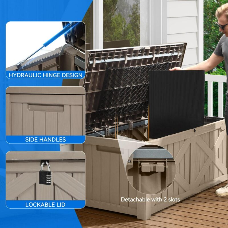 Dextrus 120 Gallon Large Deck Box, Upgraded Resin Outdoor Storage Boxes, Waterproof Patio Cushion Storage Bench for Patio Furniture, Pillows, Pool Supplies, Garden Tools - Lockable, Light Brown - Image 5