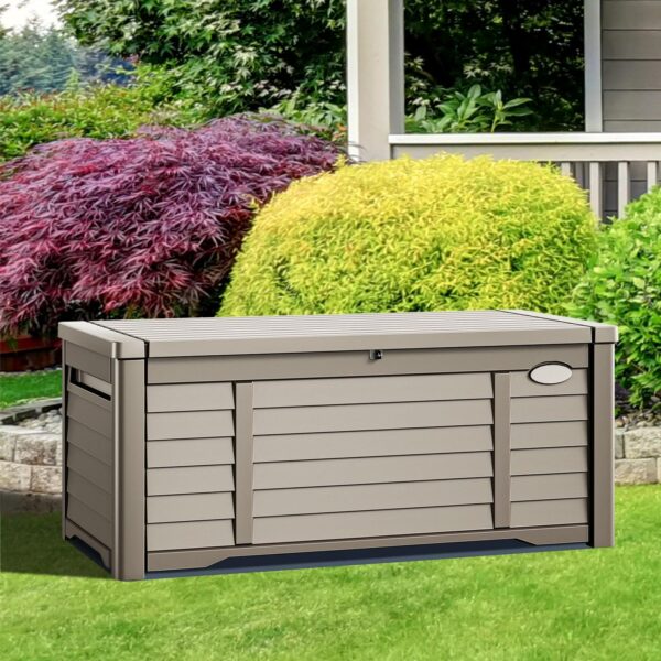 Dextrus 120 Gallon Large Outdoor Patio Deck Box,Louvered Resin Outdoor Storage Boxes,Waterproof&Lockable, Light Brown