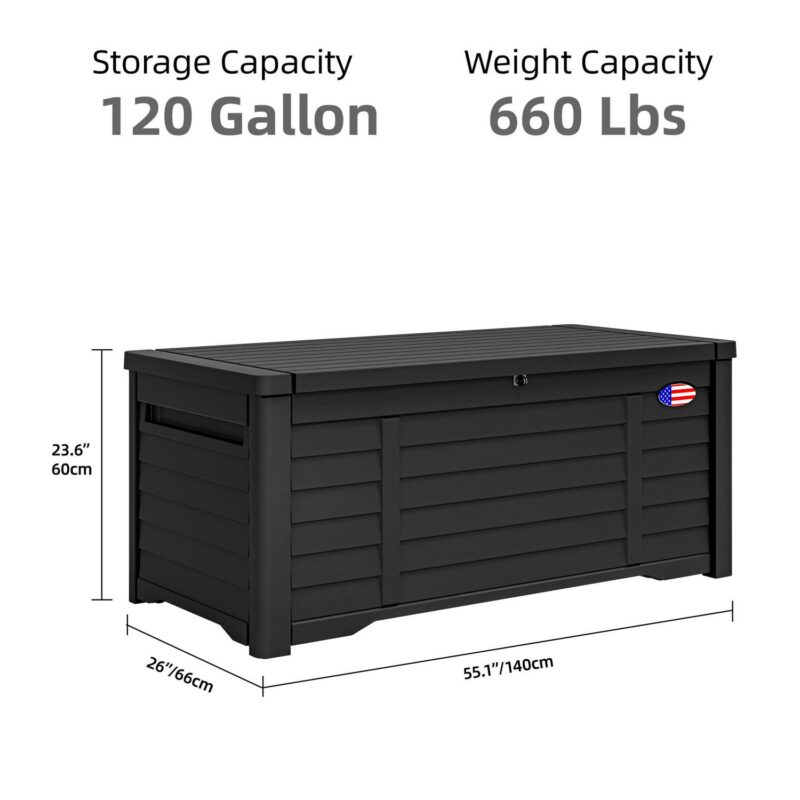 Dextrus 120 Gallon Large Lockable Deck Box,Outdoor Resin Louvered Storage box with Stickers,for Patio, Waterproof, Lockable,Black - Image 2