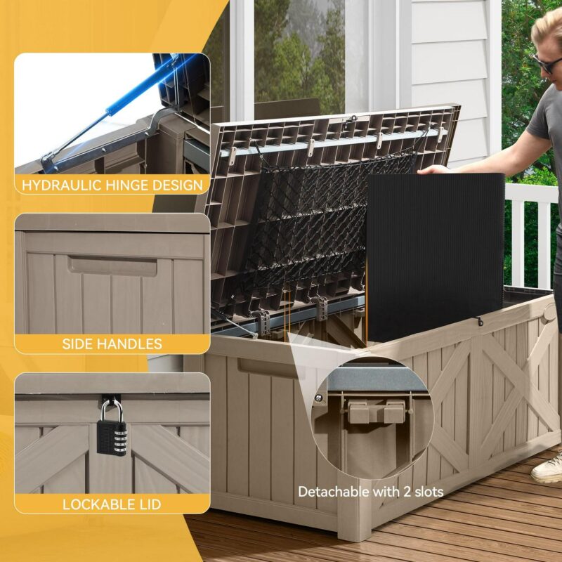 Dextrus 120 Gallon Large Patio Deck Box, Upgraded Resin Outdoor Storage Boxes w/Flexible Divider and Storage Net, Waterproof&Lockable, Light Brown - Image 3