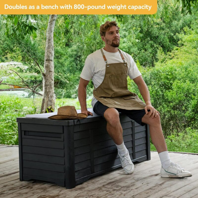 Dextrus 120 Gallon Large Outdoor Patio Deck Box with White Cushion ,Waterproof Louvered Resin Outdoor Storage Boxes,Lockable, Black - Image 5