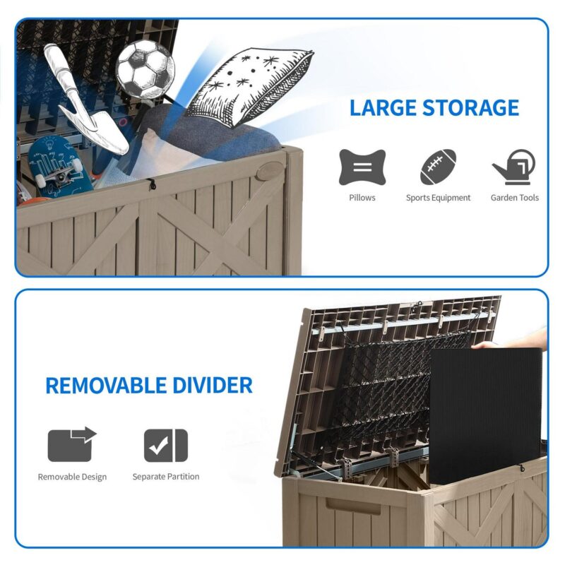 Dextrus 120 Gallon Large Deck Box, Upgraded Resin Outdoor Storage Boxes, Waterproof Patio Cushion Storage Bench for Patio Furniture, Pillows, Pool Supplies, Garden Tools - Lockable, Light Brown - Image 4