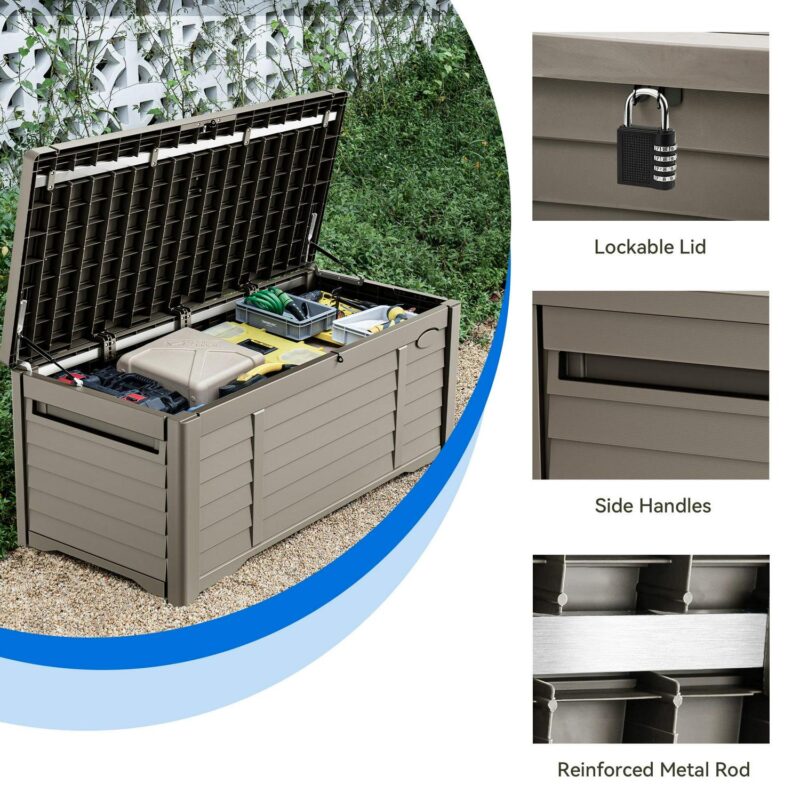 Dextrus 120 Gallon Large Outdoor Patio Deck Box,Louvered Resin Outdoor Storage Boxes,Waterproof&Lockable, Light Brown - Image 4