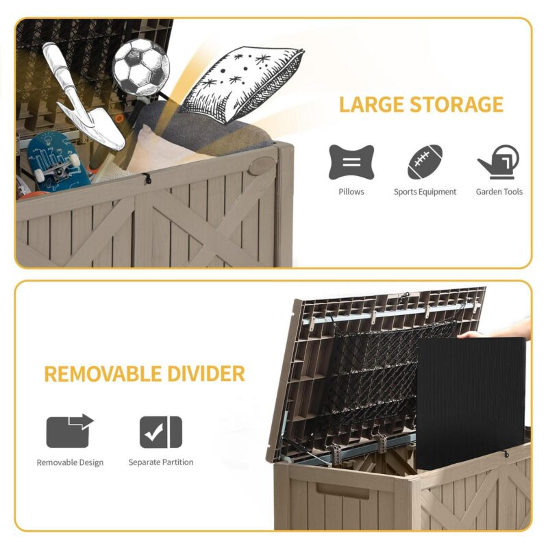 Dextrus 120 Gallon Large Patio Deck Box, Upgraded Resin Outdoor Storage Boxes w/Flexible Divider and Storage Net, Waterproof&Lockable, Light Brown - Image 4