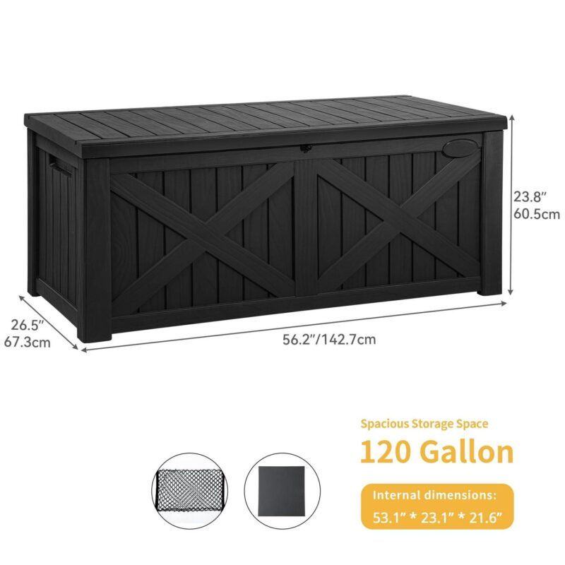 Dextrus 120 Gallon Large Deck Box w/Flexible Divider and Storage Net, Resin Outdoor Storage Boxes, Waterproof Cushion Storage Bench for Patio, Pool Supplies, Garden Tools - Lockable, Black - Image 2