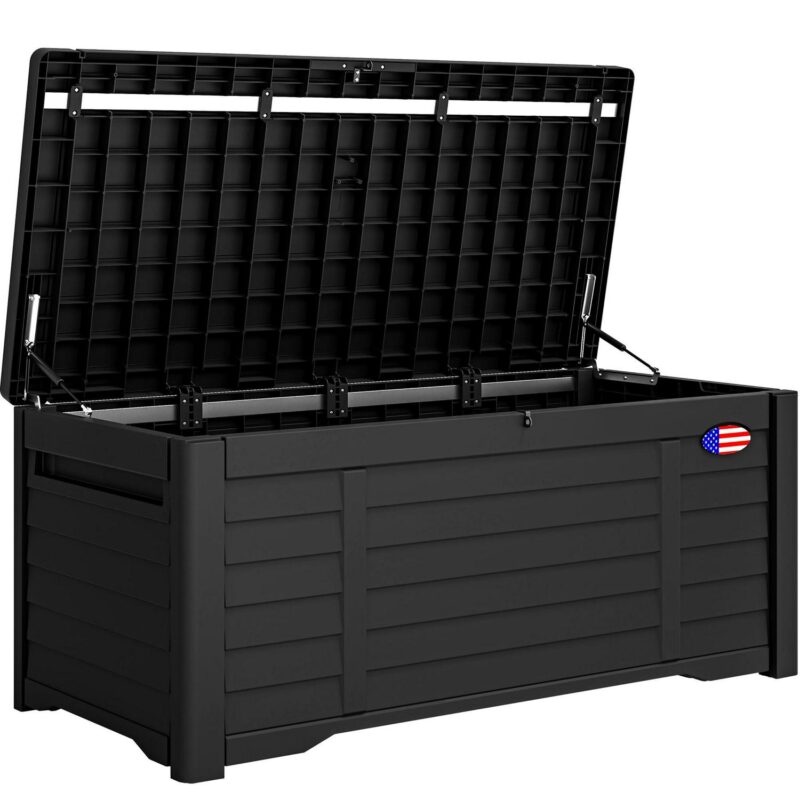 Dextrus 120 Gallon Large Lockable Deck Box,Outdoor Resin Louvered Storage box with Stickers,for Patio, Waterproof, Lockable,Black - Image 6