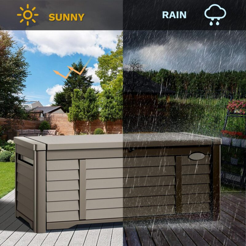 Dextrus 120 Gallon Large Outdoor Patio Deck Box,Louvered Resin Outdoor Storage Boxes,Waterproof&Lockable, Light Brown - Image 3