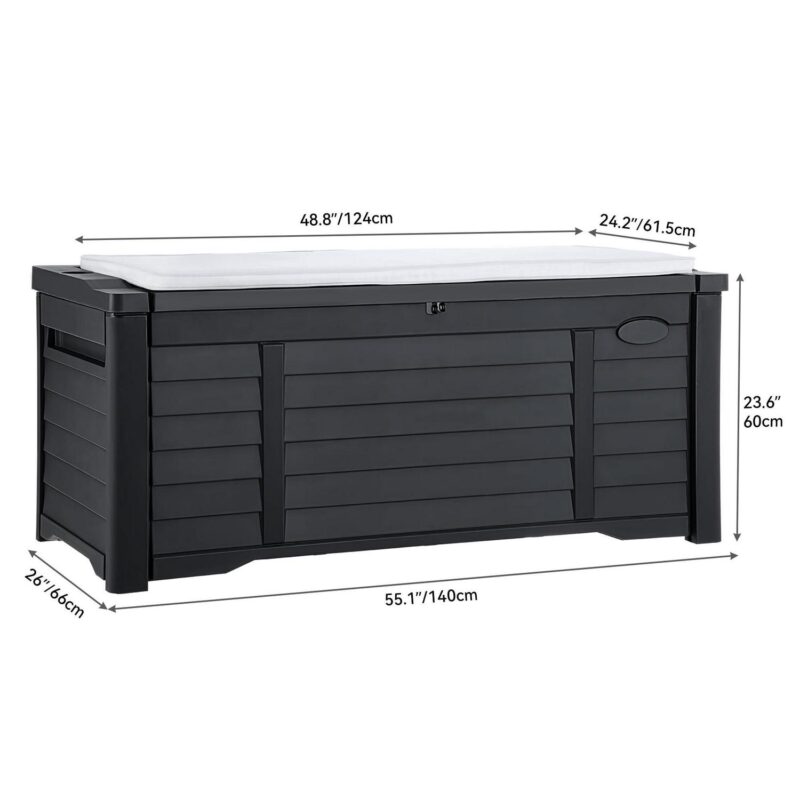 Dextrus 120 Gallon Large Outdoor Patio Deck Box with White Cushion ,Waterproof Louvered Resin Outdoor Storage Boxes,Lockable, Black - Image 2